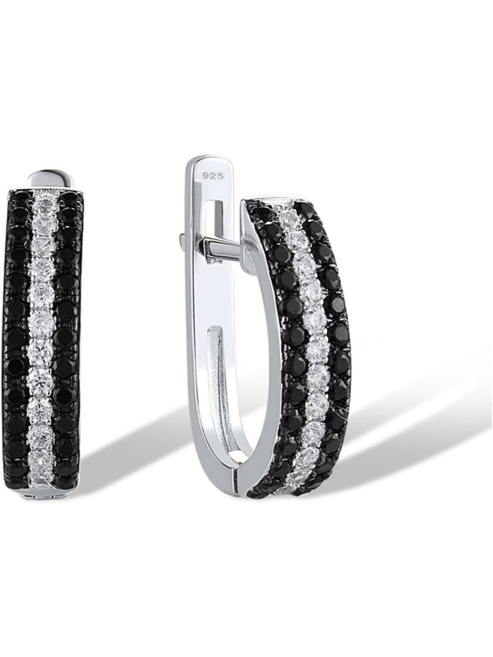 Elegant 3-Row Black & White Dangle Earrings, 925 Sterling Silver, Spinel